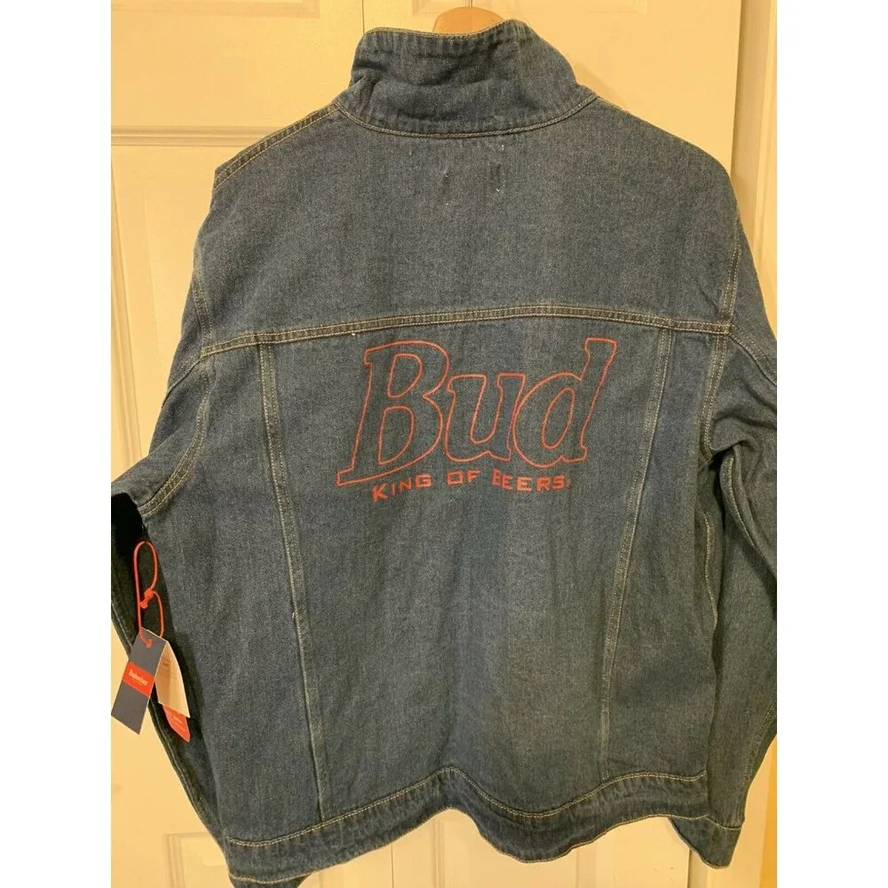 New Budweiser Denim Men’s Sz L Blue Trucker‎ Button Jean Logo Jacket NWT